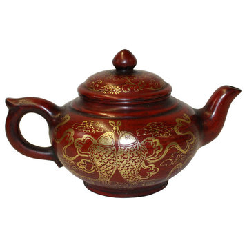 Chinese Zisha Clay Red Golden Scenery Teapot Display