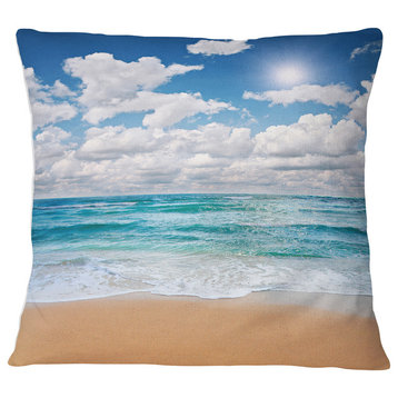 Peaceful Seashore under White Clouds Modern Beach Throw Pillow, 16"x16"