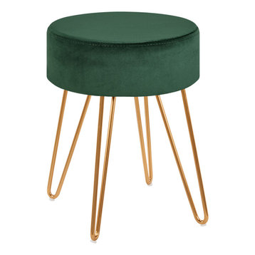 Ottoman Makeup Vanity Stool Chair Contemporary With Gold Base, Dark Green