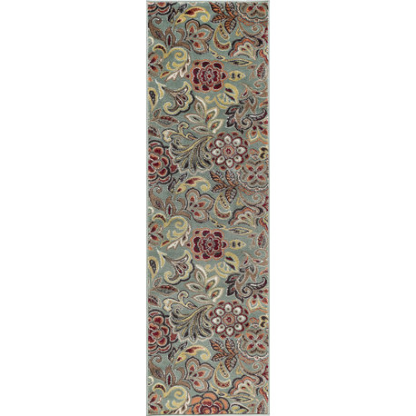 Dilek Transitional Floral Area Rug, Seafoam, 2'3''x7'3''