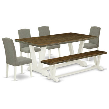 East West Furniture V-Style 6-piece Wood Dining Table Set in White/Dark Shitake