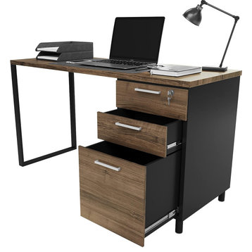 Modern Desk, Spacious Worktop With 3 Lockable Storage Drawers, Walnut/Black