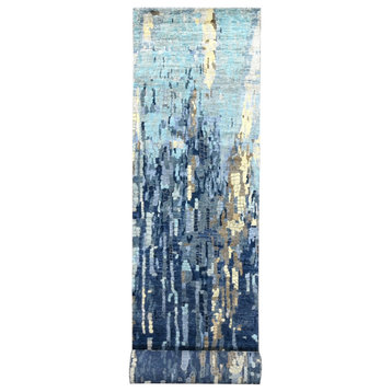 Blue Wool and Silk Modern Mosaic Design Hand Knotted XL Runner Rug 2'7" x 15'9"