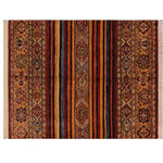Bareens Designer Rugs - Tribal Khurgeen Laurence Blue/Gold Wool Rug - 5'0'' x 6'8'' - Designed with a mesmerizing intricate transitional and geometric motif this glorious hand knotted rug made with handspun Ghazni wool is a masterpiece that will fill any space with sophistication and grace. Hand knotted by skilled artisans in an exhilarating color pallet with an elaborate design, this masterpiece features luxurious hand spun wool with all vegetable dyes to add comfort and style to your decor. The design, color, and beautiful chromatic composition with a sheen in transitional and geometric designs, exude beauty, elegance and quality make this rug an extraordinarily opulent center piece for your living space. The intricate designs known as Khurgeen, Khorgeen or Khorjin range are inspired by the patterns from ancient tribal bags. An infusion of bold, saturated color gives this traditional hand-knotted rug a fresh perspective and modern appeal. Most desired due to its versatility in design and affordability this handmade rug is in a compelling focal point in any living area.