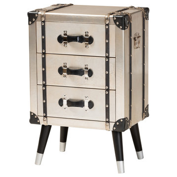 Silven Antique Silver Metal Trunk Inspired 3-Drawer Nightstand