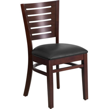 Modern Slat Back Walnut Wood Restaurant Chair, Black Vinyl Seat