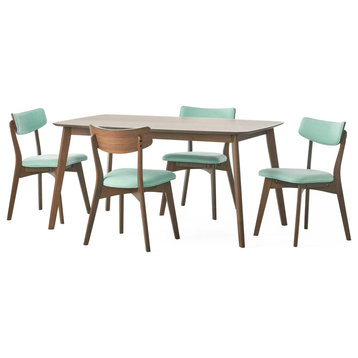 5 Pieces Dining Set, Cushioned Chairs With Curved Open Back, Natural Walnut/Mint
