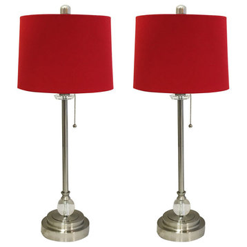 28" Crystal Buffet Lamp With Red Drum Shade, Brushed Nickel, Set of 2