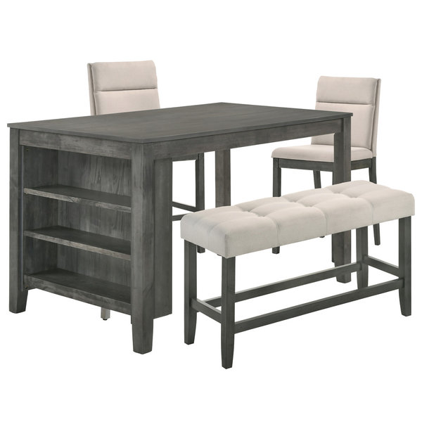 Rustic Gray 4-Piece Counter Height Dining Set With 3-Shelf Storage