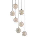 Currey & Company - Finhorn 7-Light Multi-Drop Pendant - The Finhorn 7-Light Multi-Drop Pendant has orb-shaped shades covered with small squares of mother of pearl, painstakingly hand-applied. The stem and canopy of the white pendant light are in a painted silver finish to keep the composition light. This fixture is among Currey & Company's introduction of cluster lights, which includes 1-light up to 36-light configurations. We also offer the Finhorn in an orb pendant.