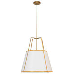 Dainolite - 18" Contemporary Modern Pendant Light, Gold With White Tapered Drum Shade - 18" Gold Trapezoid Pendant with White Shade. This 3 light LED compatible is recommended for the ceiling in a Foyer or Hall. It requires 3 incandescent bulbs, is covered by a 1 Year Warranty and is suitable for either a residental or commercial space.