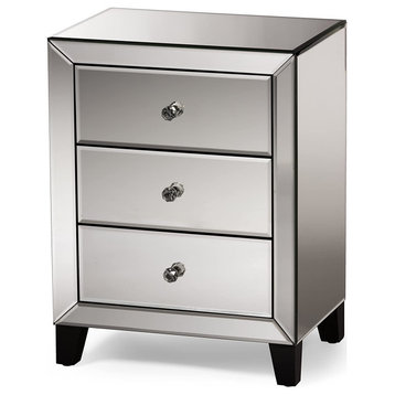 Elegant Nightstand, Mirrored Design With Beveled Edges and 3 Drawers, Silver