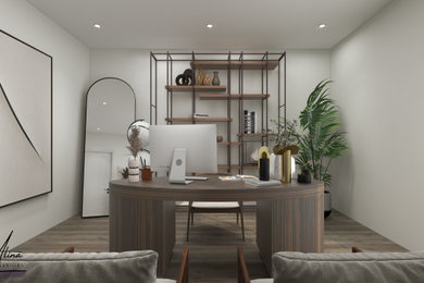 Imagen de despacho minimalista pequeño sin chimenea con paredes blancas, suelo de madera oscura, escritorio independiente y suelo marrón