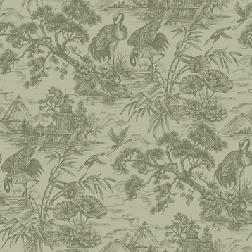Majestic Crane Tropical Print Textured Wallpaper 57 Sq. Ft., Sage, Double Roll