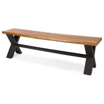Sanil Outdoor Acacia Wood and Iron Dining Bench, Single