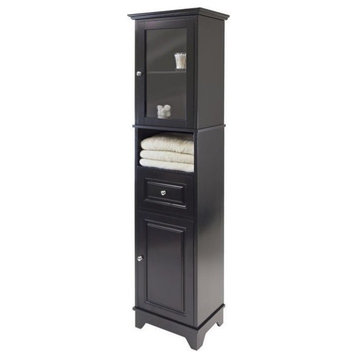 Pemberly Row Adjustable Shelf Modern Solid Wood Tall Linen Cabinet in Black