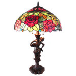 Chloe Lighting - Chloe Lighting 2 Light Roses Table Lamp With Multi-Colored CH18790RF18-TL2 - This Tiffany-style floral rose design 2-light table lamp features an antique bronze finish that will complement many decors throughout your home. Hand crafted from individually hand cut of 456 pieces copper-foiled stained glass and 36 beads that will add color and beauty to any space. Main colors are green and red, this piece is crafted in the same style that Louis Comfort tIffany developed in the early 1900''s.