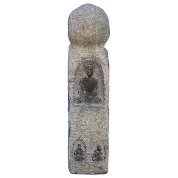 Chinese Distressed Gray Stone Carved Buddhas Display Pole Statue Hcs7204