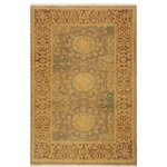 Bareens Designer Rugs - Eclectic Ziegler Krystle Gray/Tan Wool Rug  - 4'2'' x 5'5'' - A Persian influenced Turkish hand knotted rug made by skilled artisans capable of creating the most exceptional vegetable dyes and hand-spun New Zealand wool. This gorgeous one of a kind Peshawar Kafkaz handmade rugs is also known as a Chobi Ziegler Rug. This gorgeous rug is extremely versatile and is famous for its pleasing color palette and informal design that works in a myriad of interiors. It has been expertly hand-tied, finished, sun-dried, and can contain up to 1.5 million knots. It takes 4 skilled artisans to hand knot this rug nine to twelve months to complete this piece of art. The invigorating colors and patterns in this rug will give your home an elegant and fresh appearance. While drawing upon the coloring and patterns of antique rugs, contemporary Peshawar pieces incorporate modern design motifs and feature vibrant color tones. Give your room a luxurious look and feel with this beautiful rug with gorgeous color pallet. The intricate design allows this oriental rug to create a royal ambience in any d�cor. Hand knotted construction and natural fibers gives this rug soft feel under your feet.