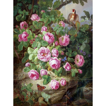 Tile Mural Still Life Large Rose With Butterflies And Birds, Marble