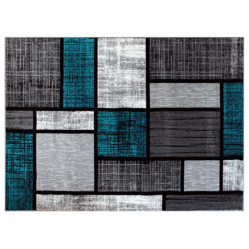 Raven Collection Color Bricked Olefin Area Rug with Jute Backing, Turquoise, 5' X 7'