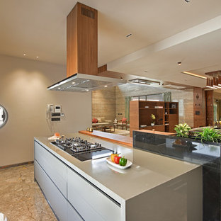 Esempio di una cucina ad ambiente unico etnica con ante lisce, ante grigie, elettrodomestici neri, pavimento marrone e top grigio