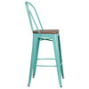 30" High Metal Barstool With Back and Wood Seat, Mint Green