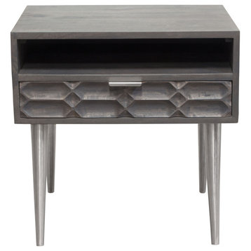 Petra Solid Mango Wood 1-Drawer Accent Table in Smoke Grey Finish  Nickel Legs