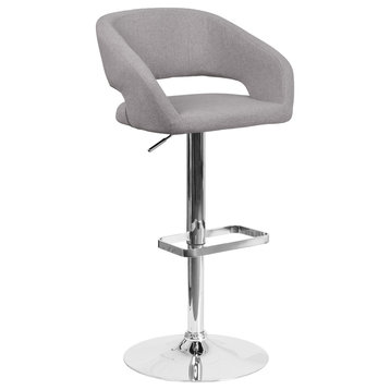 Contemporary Brown Fabric Adjustable H Barstool With Chrome Base, Gray