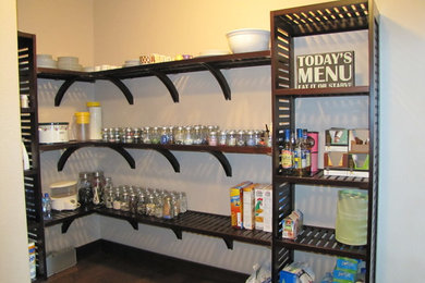 Example of a mid-sized trendy l-shaped dark wood floor kitchen design in Other with open cabinets and brown cabinets