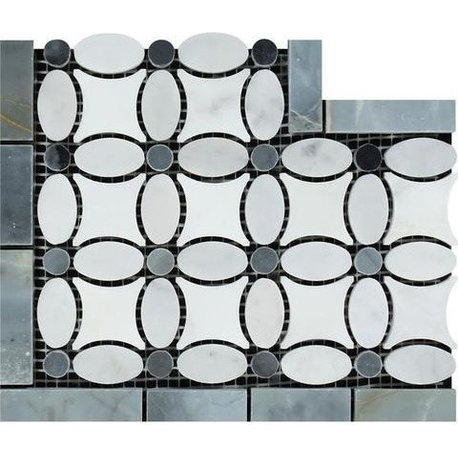 Carrara White Marble Honed Florida Flower Border Corner w/Blue Gray Dots