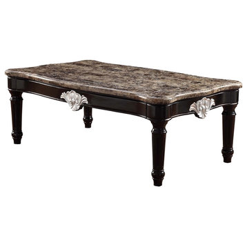 ACME Ernestine Marble Top Coffee Table with Carved in Black