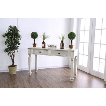 Benzara BM183128 Wooden Sofa Table with Carved Turned Legs, Antique White
