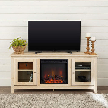 Wide Entertainment Center, 2 Glass Doors and Electric Fireplace, White Oak