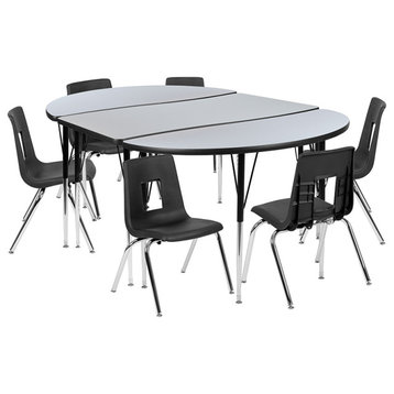 76" Oval Wave Laminate Activity Table Set-16" Student Stack Chairs, Grey/Black