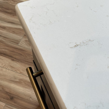 Angled Kitchen Design with Slab Style Cabinets in Pecan Stain