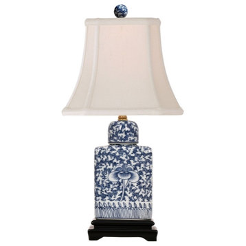 Blue and White Chinoiserie Floral Twisted Lotus Porcelain Jar Table Lamp 15"