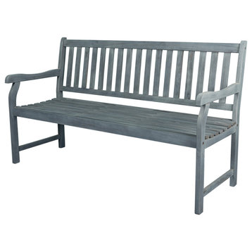 Laurel 59.1" 3-Seat Slat-Back Acacia Wood Outdoor Garden Patio Bench, Gray