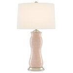 Currey & Company - Ondine Table Lamp - Whomever said she was pretty in pink must have had the Ondine table lamp in mind, as the curvy terracotta creation certainly is. The metal base and hardware on this winsome lamp have been treated to a silver leaf finish, the luminous tones graceful when paired with the blush glazing on the body and finial. The composition, which stands 30" tall, is completed with an off-white shantung shade.
