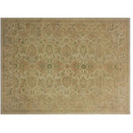 Bareens Designer Rugs - Bohemien Ziegler Laci Beige Tan Hand-Knotted Wool Rug - 6'2'' x 8'10'' - Enhance the ambiance of your home with this magnificent Persian-influenced Turkish hand-knotted rug made by skilled artisans capable of creating the most exceptional vegetable dyes and hand-spun wool. This exquisite handmade rug is a one-of-a-kind Peshawar Kafkaz, otherwise identified as Chobi, Chobi Peshawar, Oushak, or Ziegler rug. These handmade rugs are crafted in Pakistan utilizing superior-quality wool imported from Australia, New Zealand, and Korea in two types of weaves: the Persian weave and the Mori weave. This rug is meticulously crafted by hand using the finest natural vegetable dyes extracted from local plants. The artisans use a blend of hand-spun local and fine merino wool, resulting in a rug with a compelling texture, higher lanolin content, and longer staple. The artisans occasionally incorporate natural or artificial silk into the pile to enhance specific motifs. The finished product is an awe-inspiring execution of flawless design and an understated palette that exudes elegance.