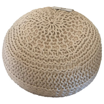 NOORI RUG Handmade Cable Style Knotted Cotton Jade Round Pouf, Beige 20"x20"x14"