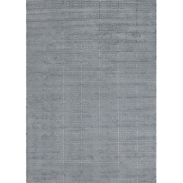 Greek Key Hand-Knotted Wool and Viscose Blue Area Rug, 10'x14'