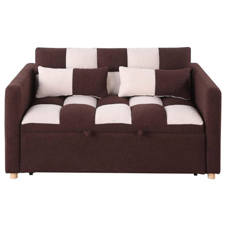 Convertible Sofa Bed with Plush Teddy Upholstery and Pull-Out Design, Brown/White