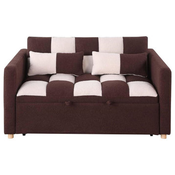 Modern Sleeper Sofa, Teddy Upholstered Seat With Checkboard Pattern, Brown/White