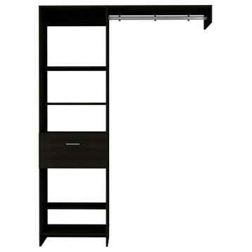 Hybrid 150 Closet System with 5 Open Shelves, 1 Drawer, and Metal Rod, Black