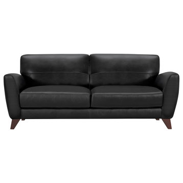 Jedd Contemporary Sofa, Genuine Black Leather With Brown Wood Legs