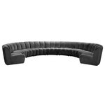 Meridian Furniture - Infinity Channel Tufted Velvet Modular Chair, Gray, 9 Piece - Create a seating group that works for every possible situation with this Infinity modular 9-piece sectional and other pieces in the Infinity collection. Upholstered in soft grey velvet material that feels great against the skin and offers long-wearing beauty, this piece fits with other Infinity items for an infinite number of combinations that get your seating requirements just right but that look just as nice when used on their own.