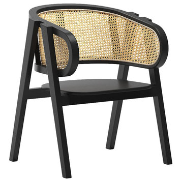 Black Single Dining Chair, Pre-assembled, Rattan & Solid Teak Wood Arm Chair