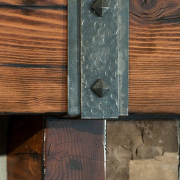 Reclaimed Mantel with Hand Forged Metal Strap and Square Pyramid Rivets