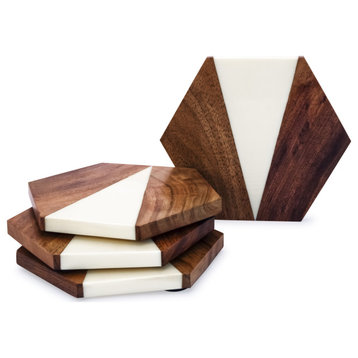 Fusion Hex 4 pieces Wood and White Coaster set